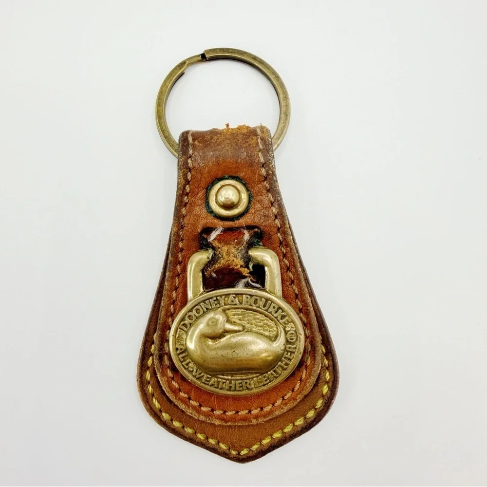 Vintage Dooney & Bourke All Weather Brown Leather Solid Brass Key Ring Key Chain